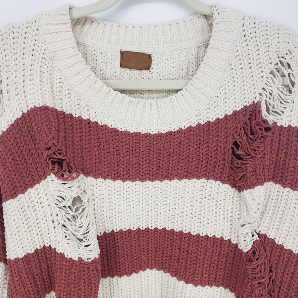 POL Distressed Striped Chenille Sweater Women M Cream Oversized Chunky Grunge - Picture 6 of 7